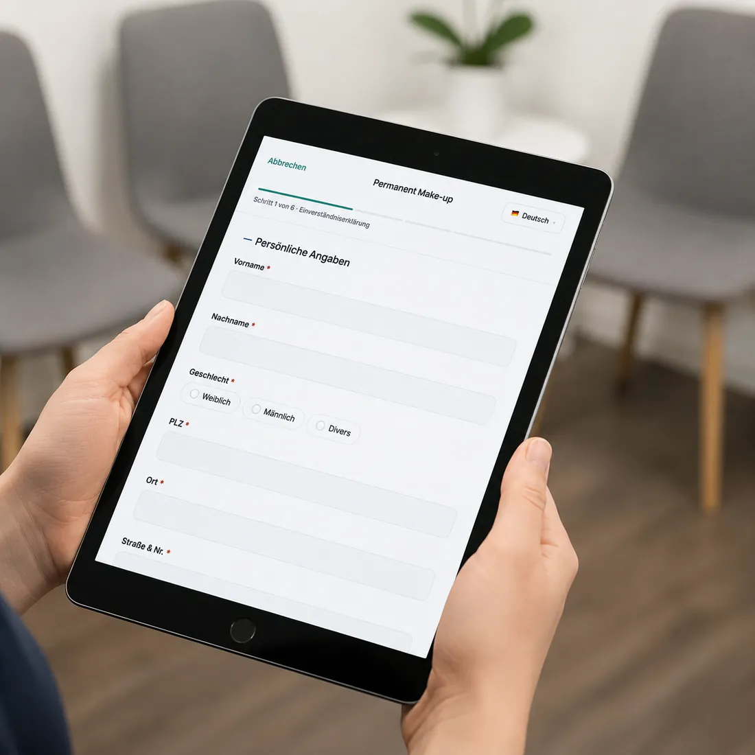 Kundin hält ein iPad und füllt Schritt 1 von 6 des Bogens „Permanent Make-up" aus.