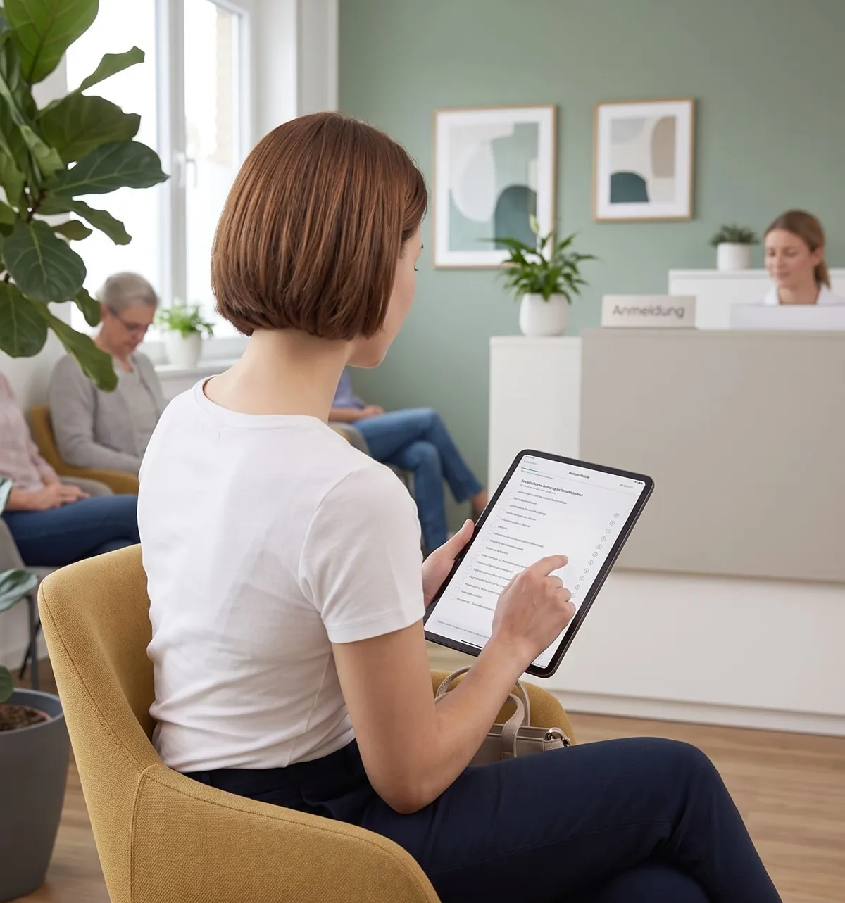 Kundin sitzt im Wartebereich eines Studios und füllt auf einem iPad einen Anamnesebogen aus.